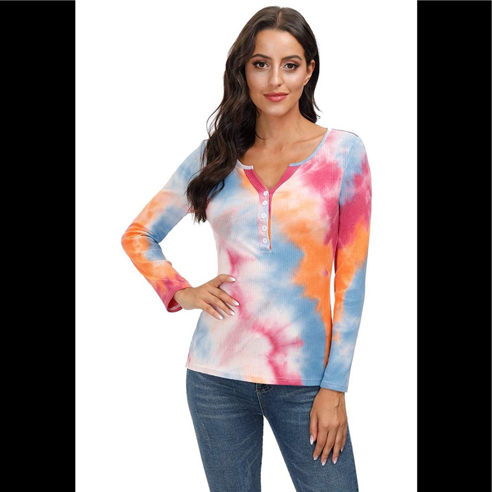 🆕 Trendy Cool Tie Dye ribbed LS Henley Top